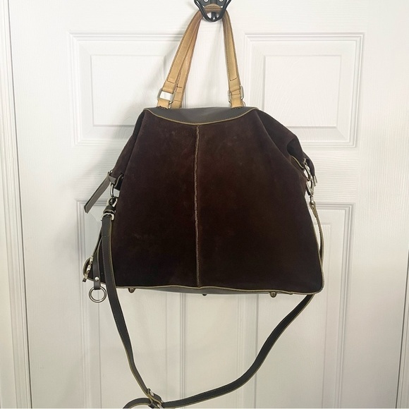 Asia Bellucci Brown Suede and Leather Convertible Crossbody Shoulder Bag Purse - Picture 1 of 10